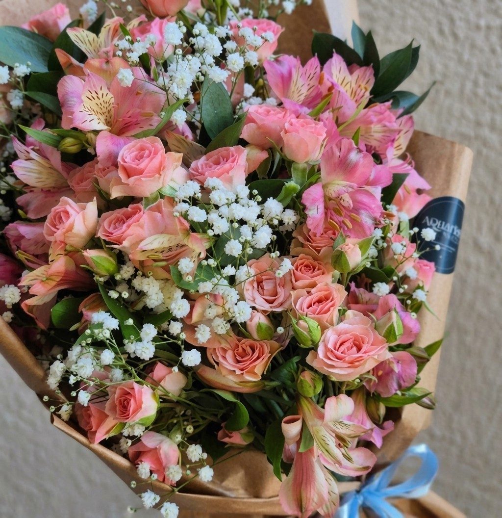 Buquê em tons de rosa com mini rosas, alstroemérias e mosquitinho, envolto em papel kraft com laço azul-claro.