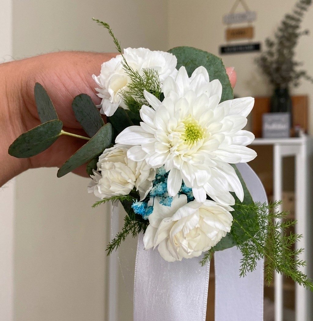 Corsage de flores naturais brancas, com crisântemo, cravos, mosquitinho azul, eucalipto e aspargo, preso a uma fita de cetim branca.