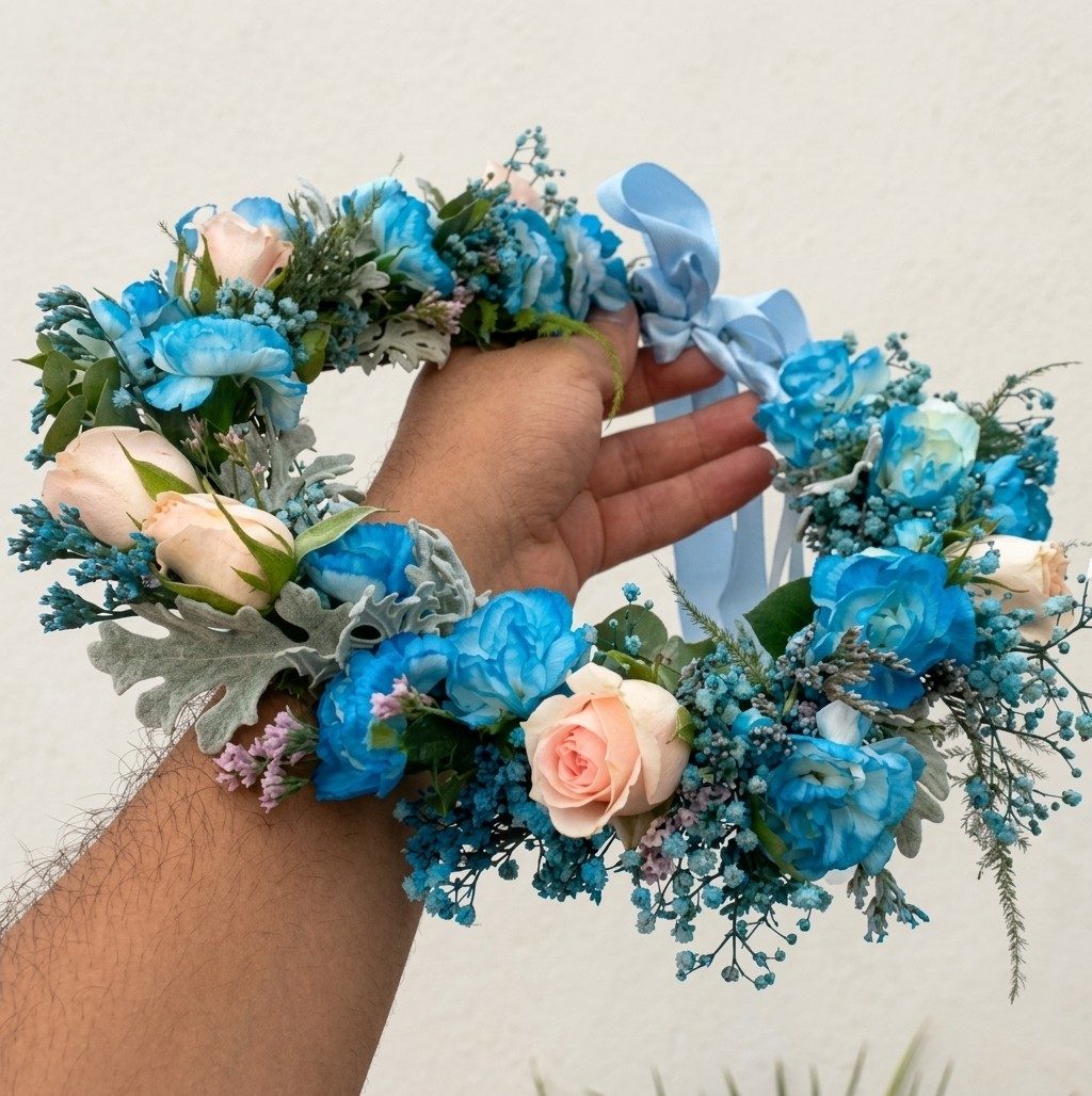 Tiara de flores com cravos azuis, mini rosas cor de pêssego, mosquitinho azul e folhas prateadas, com laço de fita azul-clara, segurada nas mãos.